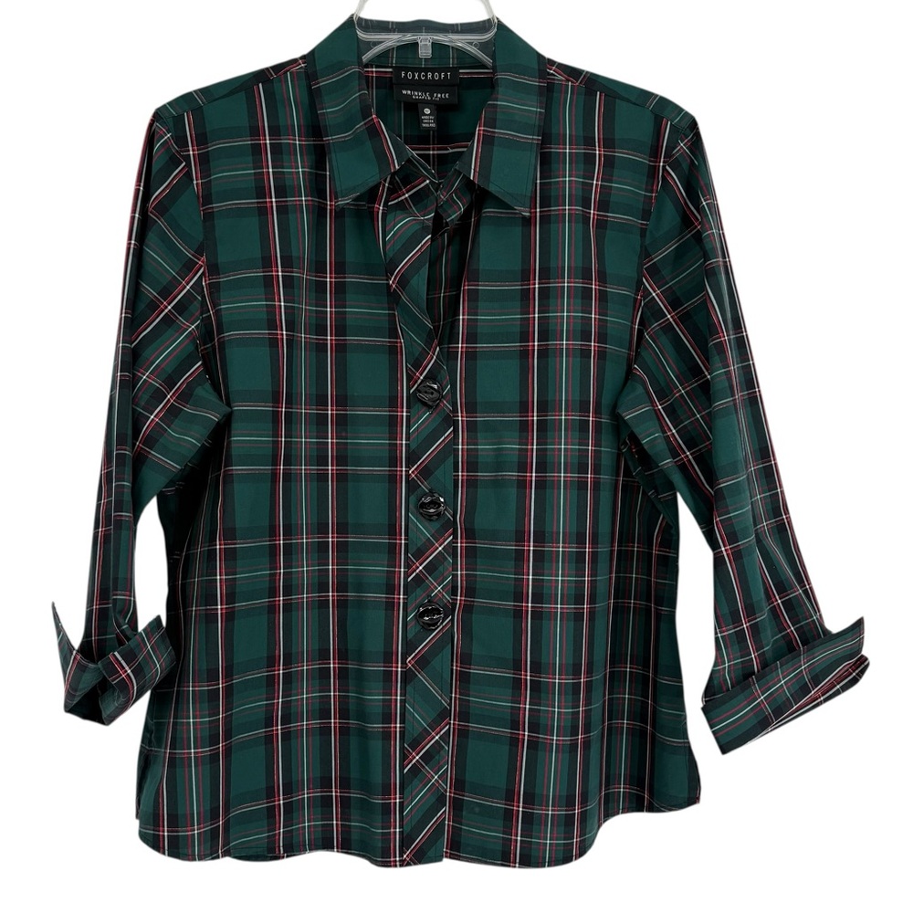 Foxcroft Button Up Shirt Womens Size 16P Collared Green Black Plaid Metallic